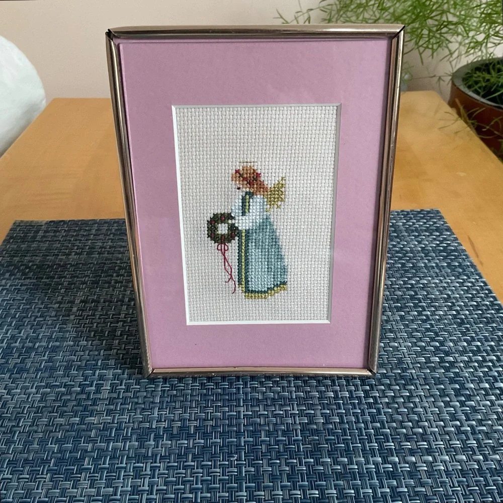 1987 Told in a Garden Christmas Angel Cross Stitch, Framed 5x7 Art Vintage